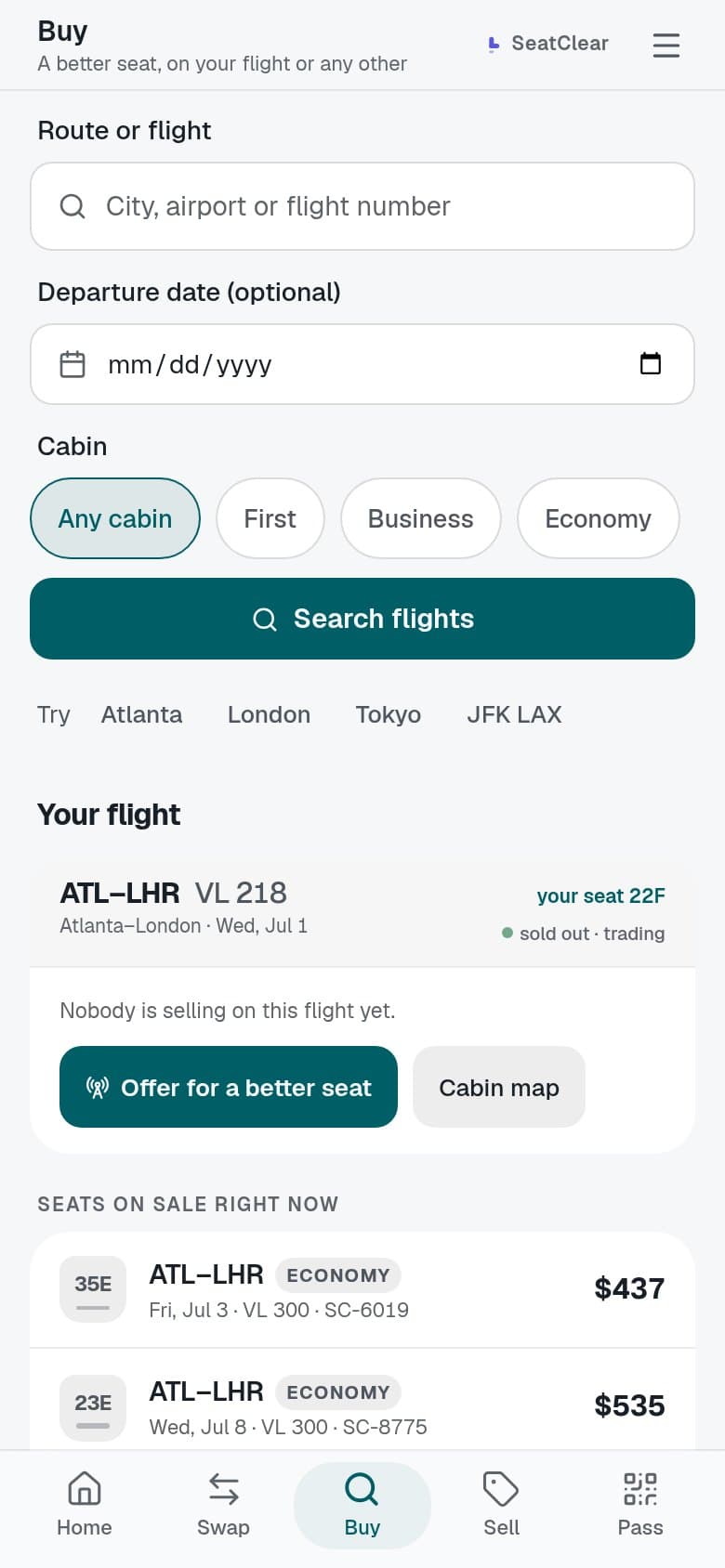 The app's Buy screen: search a route, and seats on sale on sold-out flights from Atlanta to London