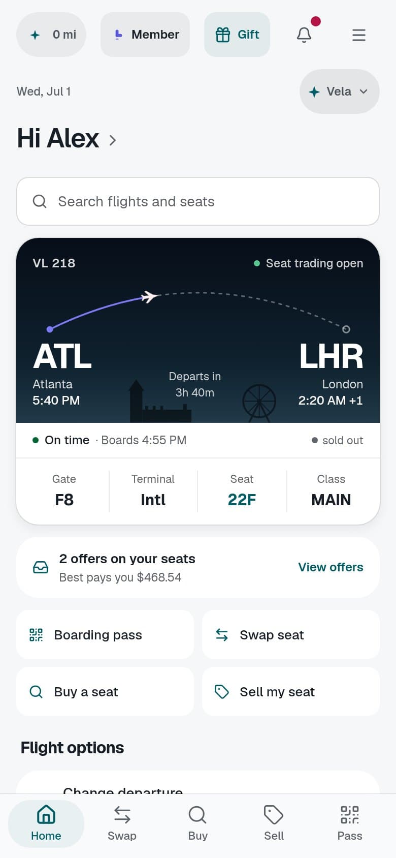 The SeatClear app's Home screen: a sold-out flight from Atlanta to London, seat 22F, and two offers on the seat