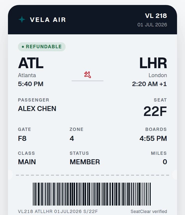 A boarding pass in the app for seat 22F, Atlanta to London