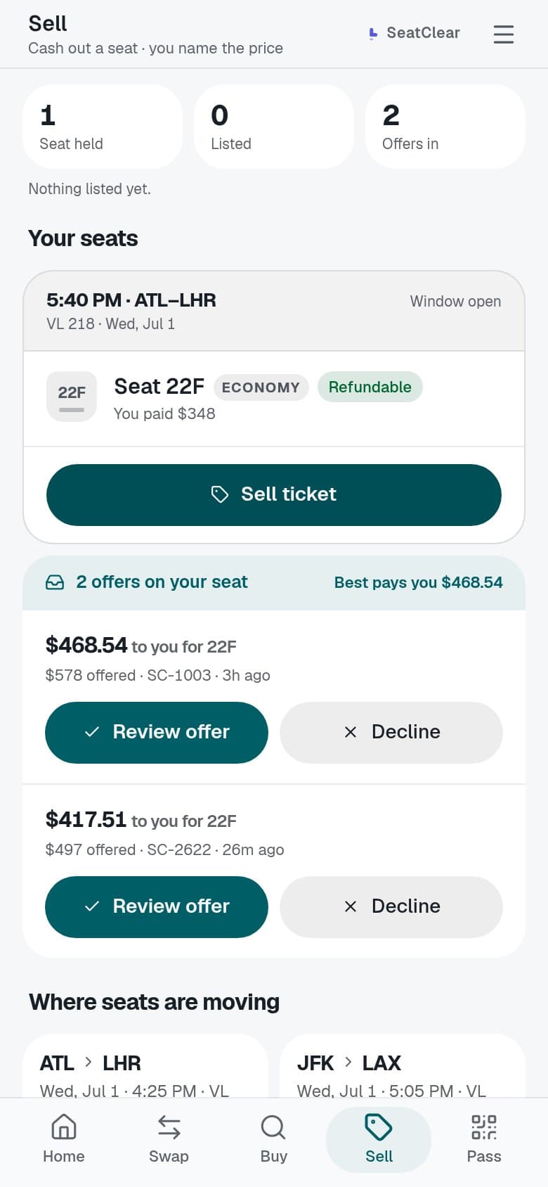 The app's Sell screen: seat 22F on a sold-out flight, with two offers on it